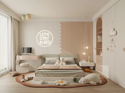 Cozy Kids Room Interior Design With Bed Stuffed Toys Rug Balloons And Wall Decor 3d model