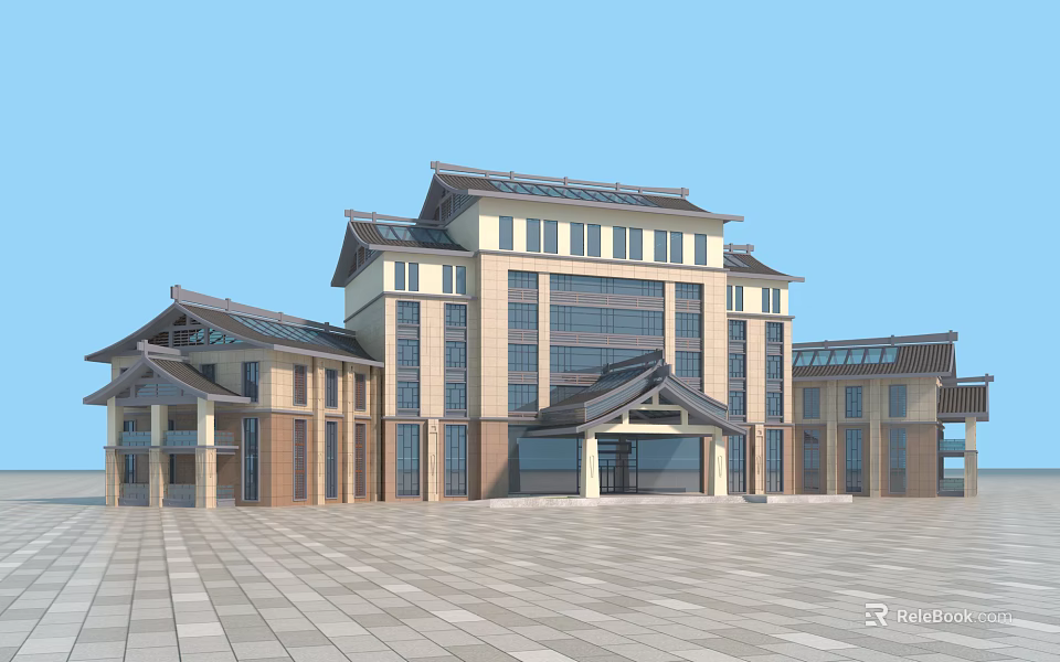 Traditional Style Hotel Building With Modern Glass Windows And Spacious Square 3d model 