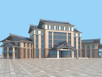 Traditional Style Hotel Building With Modern Glass Windows And Spacious Square 3d model