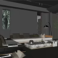 Modern Living Room Interior With Black Walls Light Sofa Marble Coffee Table And Pendant Lights