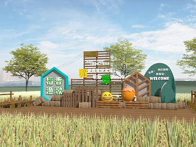 Rice Field Photo Check-in Spot With Wooden Structures Yellow Orange Scarecrows And Welcome Sign 3d model