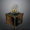 Wooden Box With Metal Corner Decorations Green Panel And Cracked Sphere