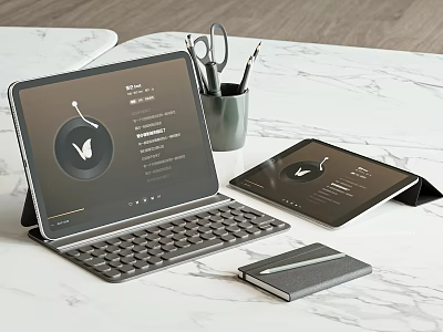 Modern Tablet Office Setup With Keyboard Stylus Pen And Office Supplies On Marble Tabletop 3d model