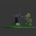 Black Windmill Model Display On Green Grass Base With Small Tree