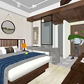 Modern Hotel Room Interior With Comfortable Bed Wooden Furniture And Decorative Elements