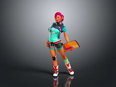 Game Film Character With Pink Hair Turquoise Top Shorts And Colorful Board 3d model