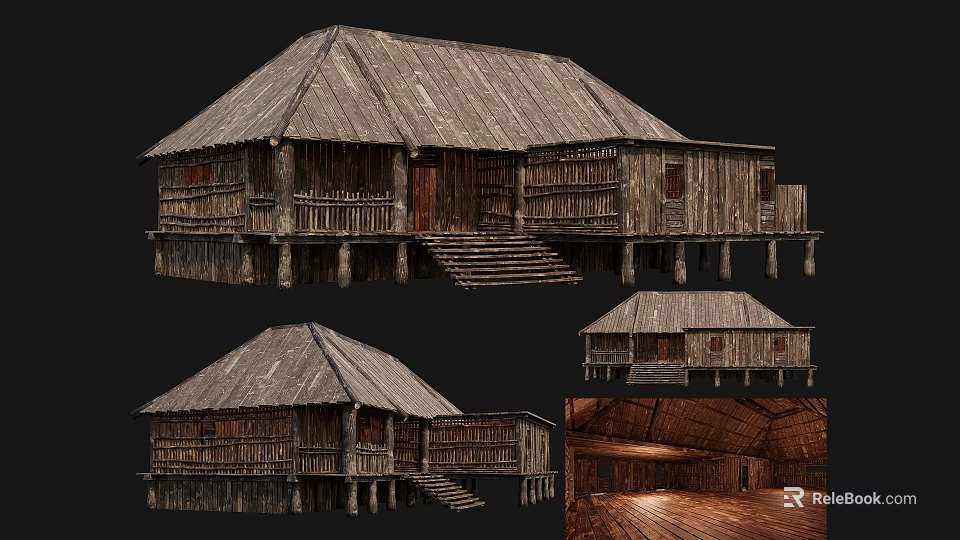 Traditional Ancient Wooden Building With Thatched Roof Stilts And Interior Wooden Structure 3d model 