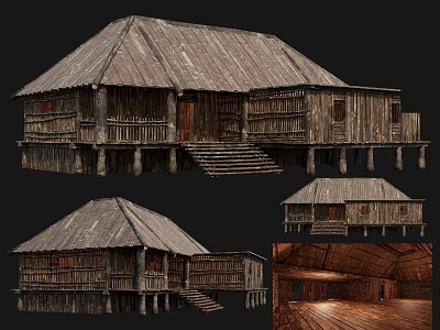Traditional Ancient Wooden Building With Thatched Roof Stilts And Interior Wooden Structure 3d model