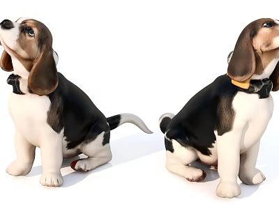 Two Adorable Beagle Puppies Sitting With Collars Looking In Different Directions 3d model