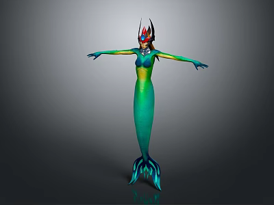 Game and Movie Character Mermaid with Green Body Colorful Headdress Outstretched Arms Blue Green Tail 3d model