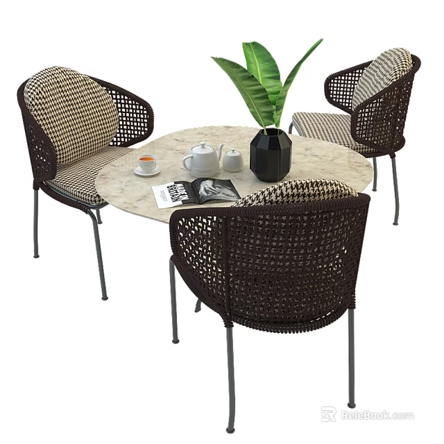 Wicker Round Table and Chairs with Coffee Cup Teapots Magazine Green Plant for Lounge Area 3d model 