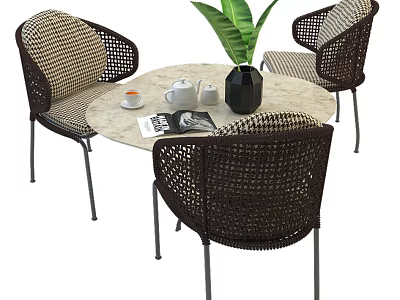 Wicker Round Table and Chairs with Coffee Cup Teapots Magazine Green Plant for Lounge Area 3d model