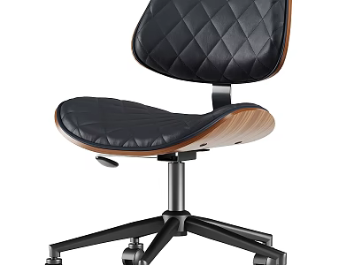 Black Quilted Leather Office Chair With Wooden Accents And Metal Base Wheels 3d model
