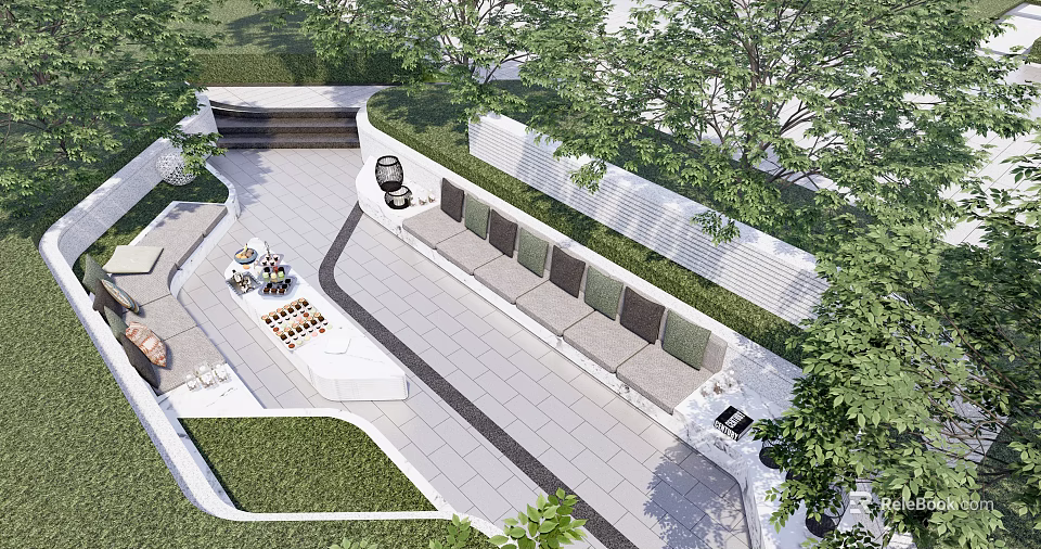 Modern Residential Landscape With Outdoor Seating Greenery Tiled Patio And Grill 3d model 