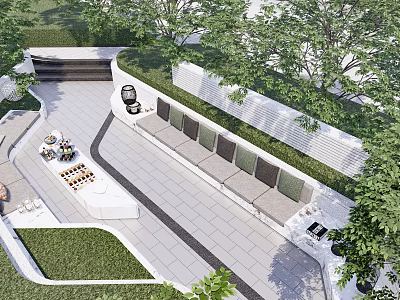 Modern Residential Landscape With Outdoor Seating Greenery Tiled Patio And Grill 3d model