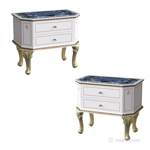 Elegant White Bedside Tables With Gold Carved Legs And Drawer Storage 3d model 