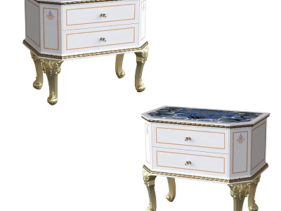 Elegant White Bedside Tables With Gold Carved Legs And Drawer Storage 3d model