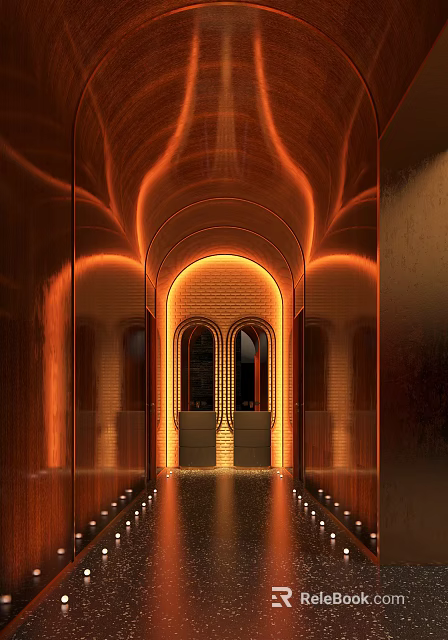 Modern Elevator Hallway Interior With Illuminated Arch Design And Warm Lighting 3d model
