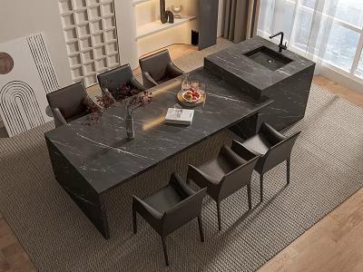 Modern Black Marble Dining Table Set with Leather Chairs and Kitchen Island 3d model