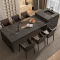 Modern Black Marble Dining Table Set with Leather Chairs and Kitchen Island 3d model