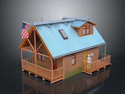 Classic Wooden House With Blue Roof American Flag Porch Skylight And Front Figure 3d model