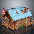 Classic Wooden House With Blue Roof American Flag Porch Skylight And Front Figure