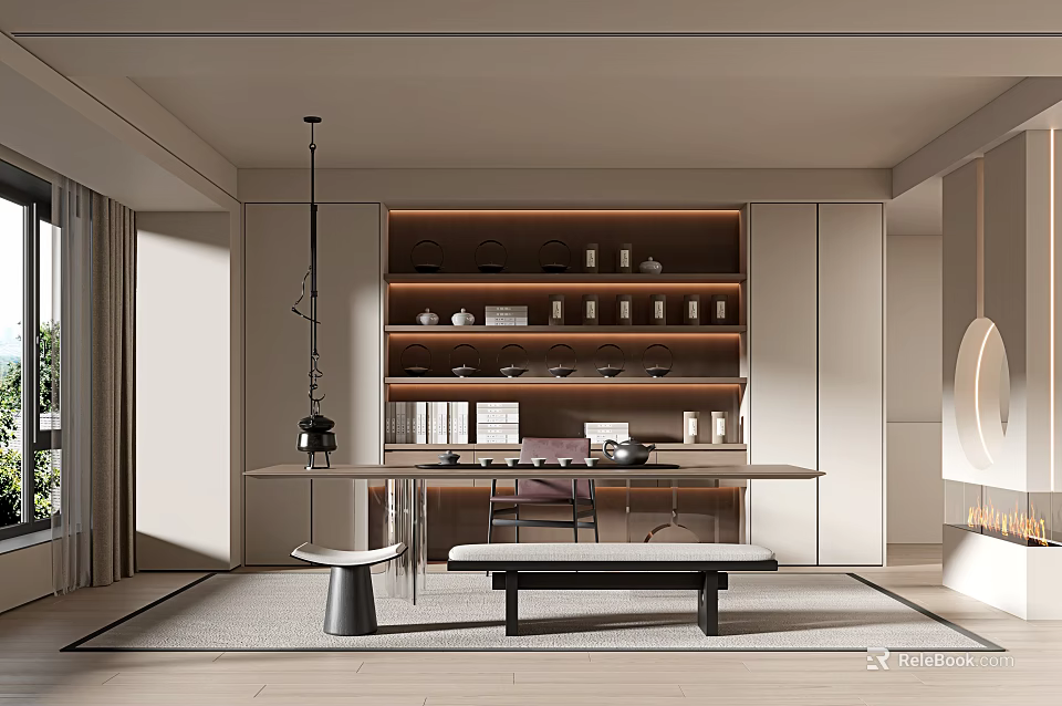Modern Tea Room Interior Featuring Open Shelves With Tea Sets Table And Bench 3d model