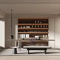 Modern Tea Room Interior Featuring Open Shelves With Tea Sets Table And Bench