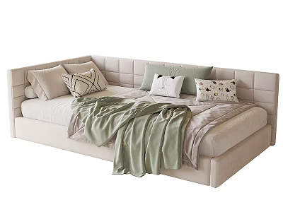 Modern Kids Bed With Upholstered Headboard Cozy Pillows And Soft Blanket 3d model