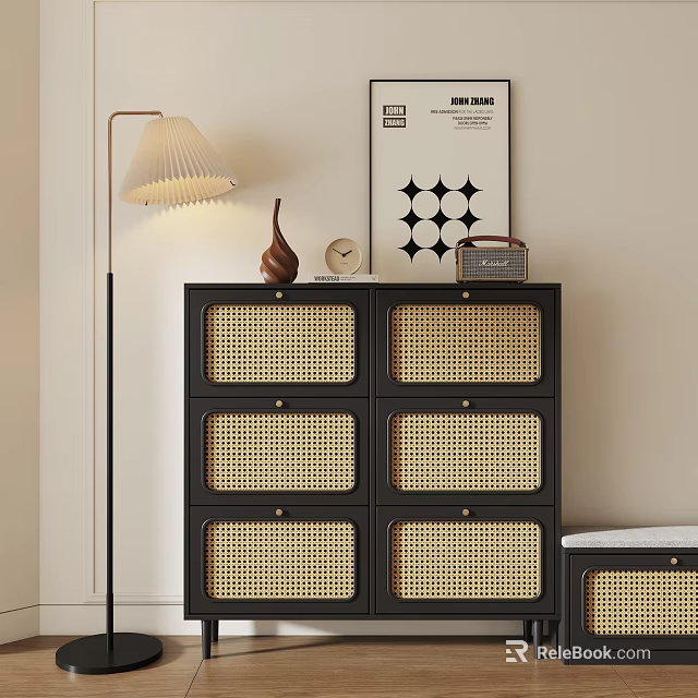 Modern Black Shoe Cabinet With Rattan Panel Doors And Multiple Storage Compartments 3d model