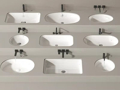 Bathroom Sinks In Various Shapes With Black Faucets Displayed On Light Background 3d model