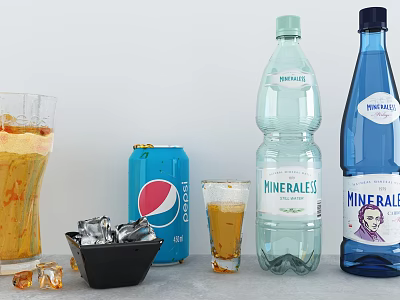 Cold Beverages Display With Pepsi Can Mineral Water Bottles Glasses And Ice Cubes 3d model