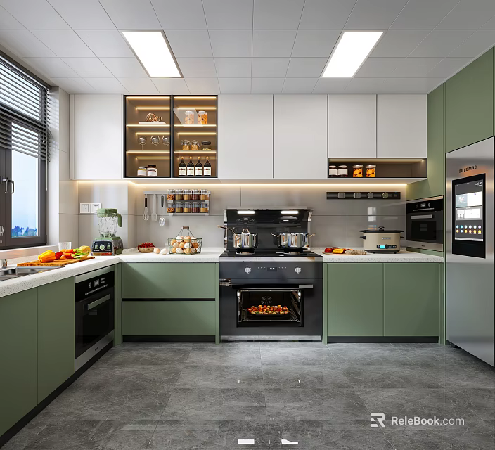 Modern Kitchen Interior Design With Green And White Cabinets Countertop And Appliances 3d model 