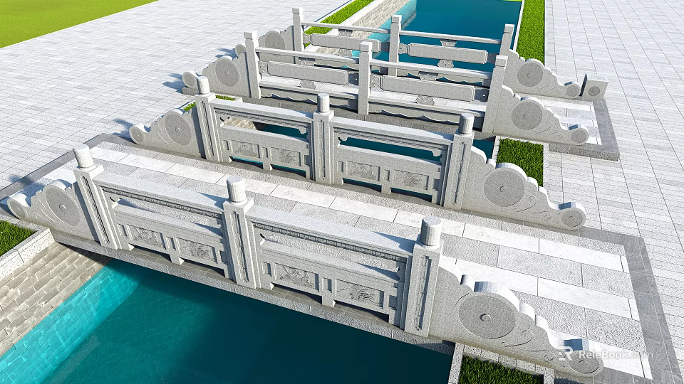 Building Exterior Wall Featuring Intricate Stone Railings Carved Patterns And Poolside Grass 3d model