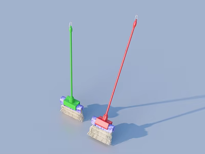 Household Cleaning Mops With Green And Red Long Handles For Floor Cleaning Tools 3d model