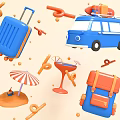 Cartoon Travel Scene With Blue Van Suitcase Backpack And Cocktail Umbrella