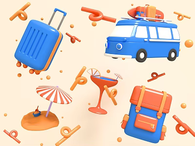 Cartoon Travel Scene With Blue Van Suitcase Backpack And Cocktail Umbrella 3d model