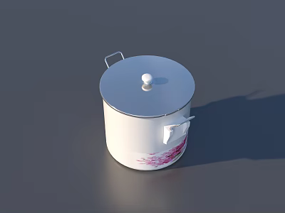 Stylish White Pot With Lid Pink Floral Pattern And Two Handles 3d model