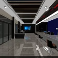Government Service Hall Interior With Waiting Chairs Service Counter Digital Screens And Signs
