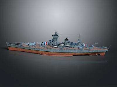 Detailed 3D Model of Battleship With Gray Hull Red Bottom and Masts 3d model
