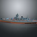 Detailed 3D Model of Battleship With Gray Hull Red Bottom and Masts