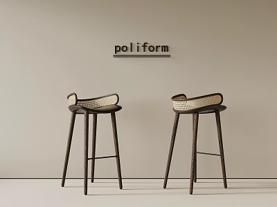 Pair of Modern Bar Stools With Wooden Legs And Woven Seat Back Design 3d model