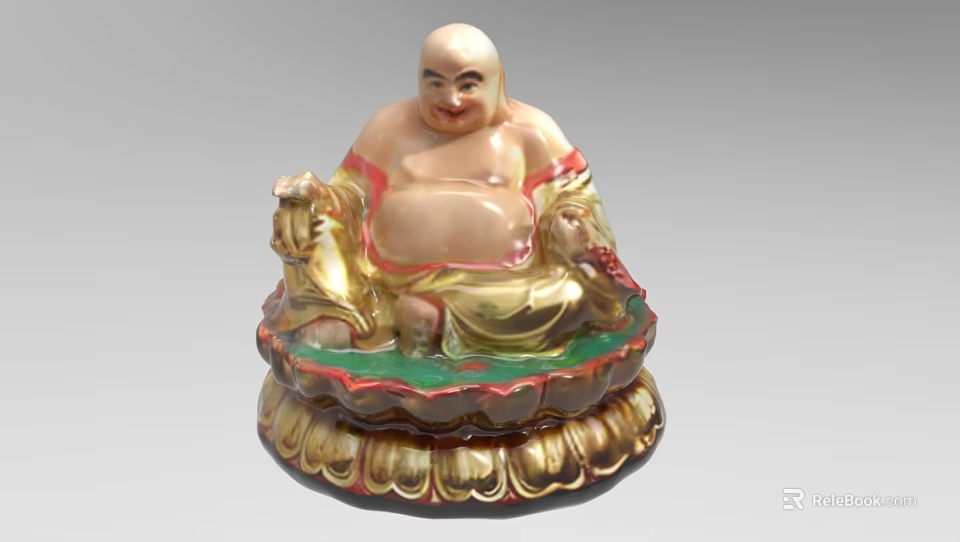 Seated Laughing Buddha Statue With Golden Red Decoration And Lotus Base 3d model 