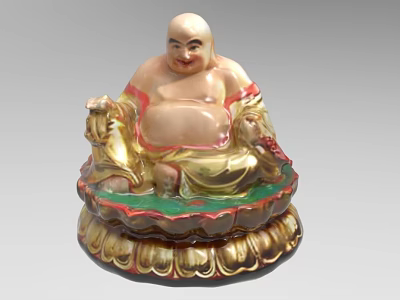 Seated Laughing Buddha Statue With Golden Red Decoration And Lotus Base 3d model