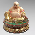 Seated Laughing Buddha Statue With Golden Red Decoration And Lotus Base