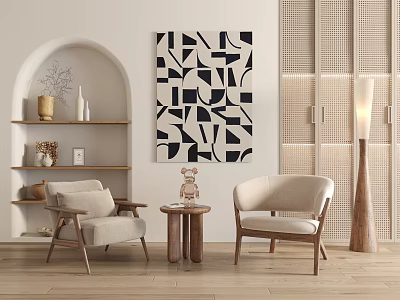 Modern Minimalist Accent Chairs with Wooden Frame Beige Cushions and Geometric Artwork in Living Room with Arched Shelves and Floor Lamp 3d model