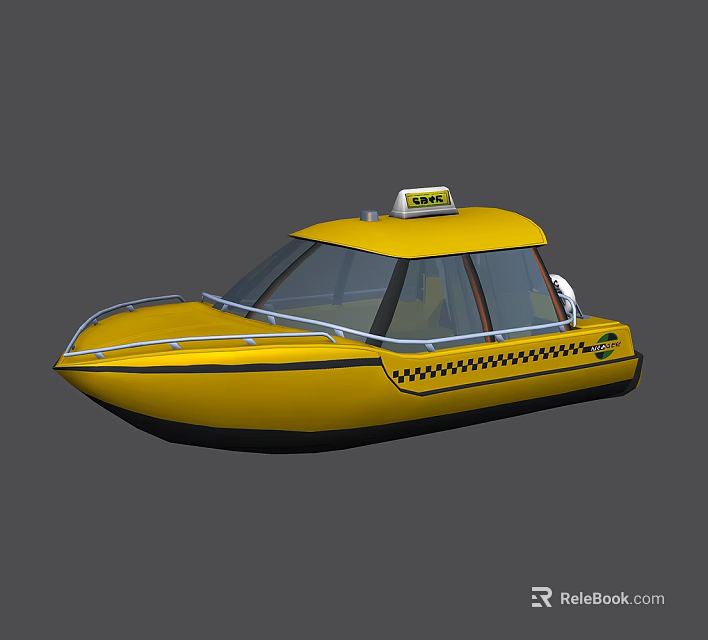 Yellow Water Taxi With TAXI Sign On Roof Black Checkered Design And Transparent Windows 3d model 