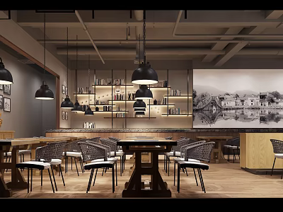 Modern Restaurant Interior With Hanging Lights Wooden Tables Shelves And Decorative Painting 3d model
