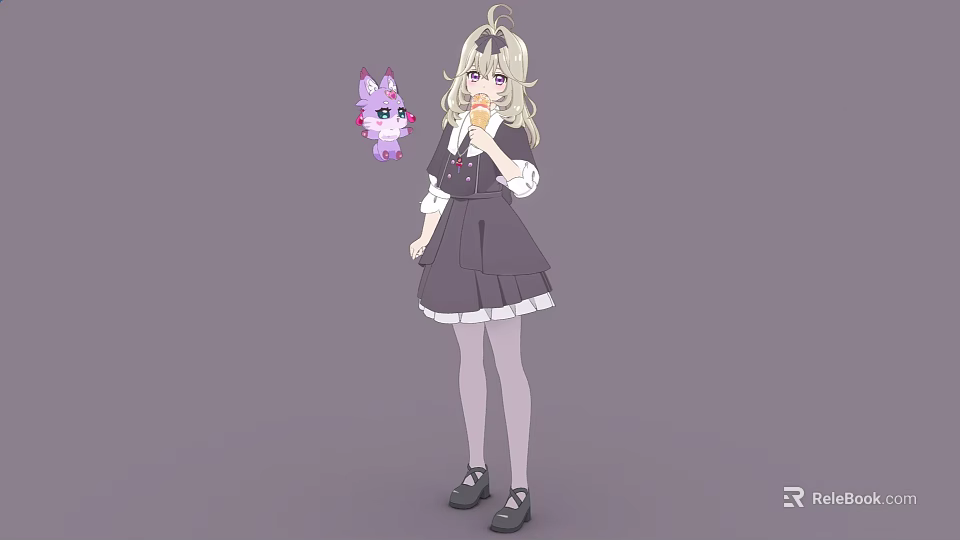 Woman With Blonde Hair In Dark School Uniform And Purple Small Pet 3d model 