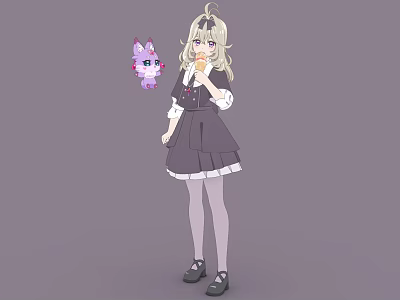 Woman With Blonde Hair In Dark School Uniform And Purple Small Pet 3d model
